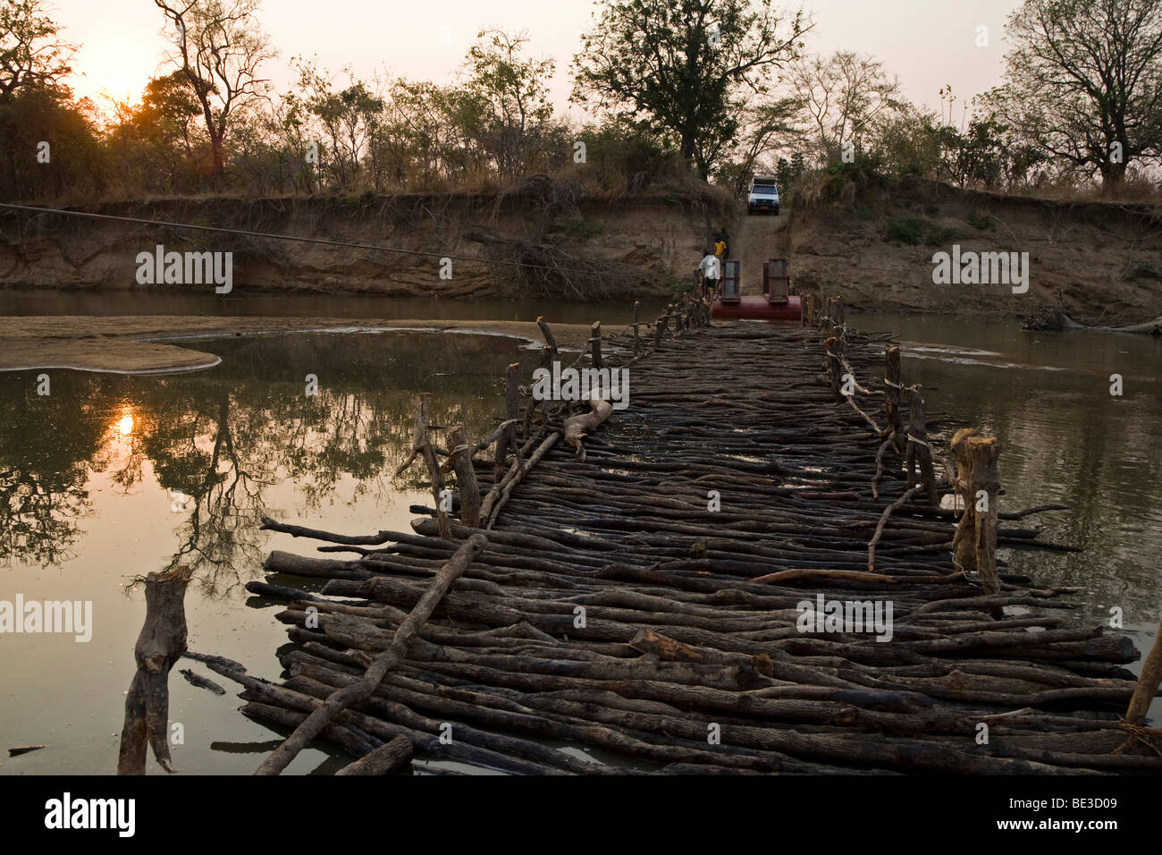 Pontoon bridge with a wooden bridge for crossing the Luangwa River, North Luangwa National Park, Zambia, Africa Stock Photo