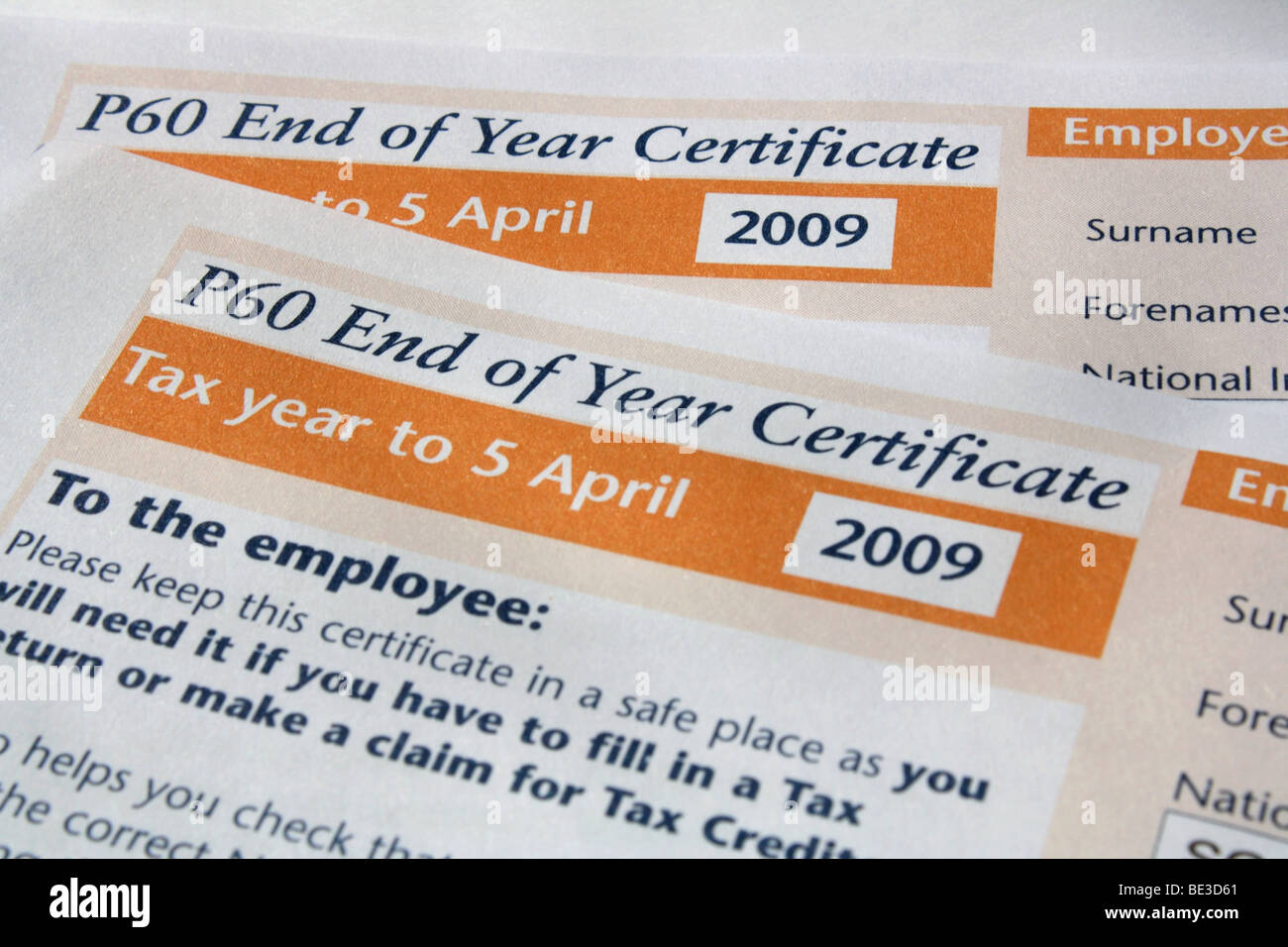 P60 forms, 2009 Stock Photo