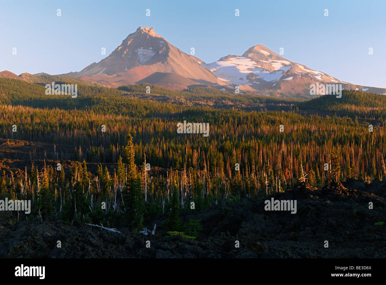 North and Middle Sister volcanoes at McKenzie Pass, Cascade Range, Oregon, USA Stock Photo