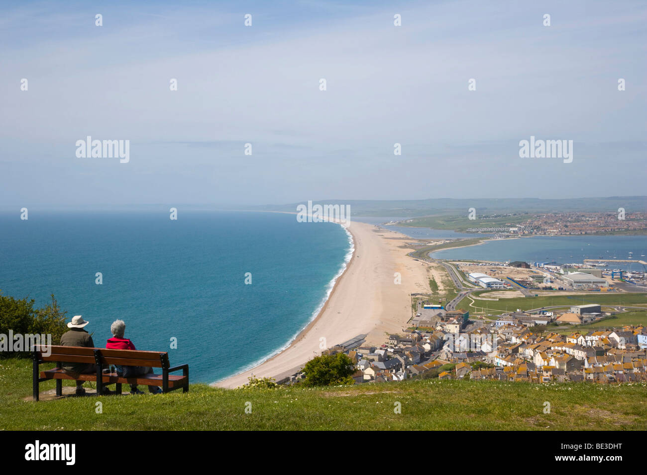 Chesil beach, Fleet lagoon and Portland harbour looking north from