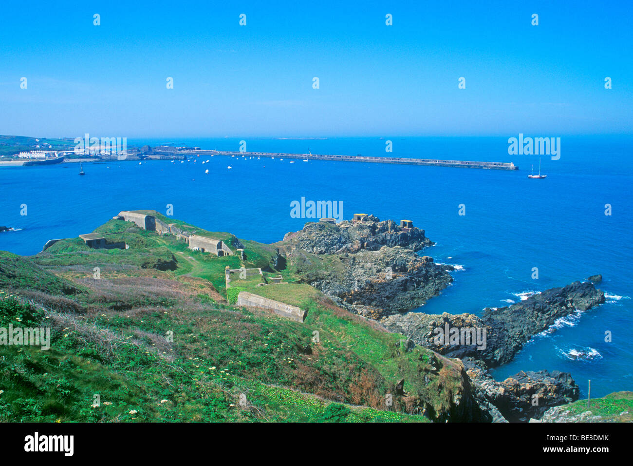 Braye Harbour with Breakwater and Roselle Battery, Alderney Island, Channel Islands Stock Photo