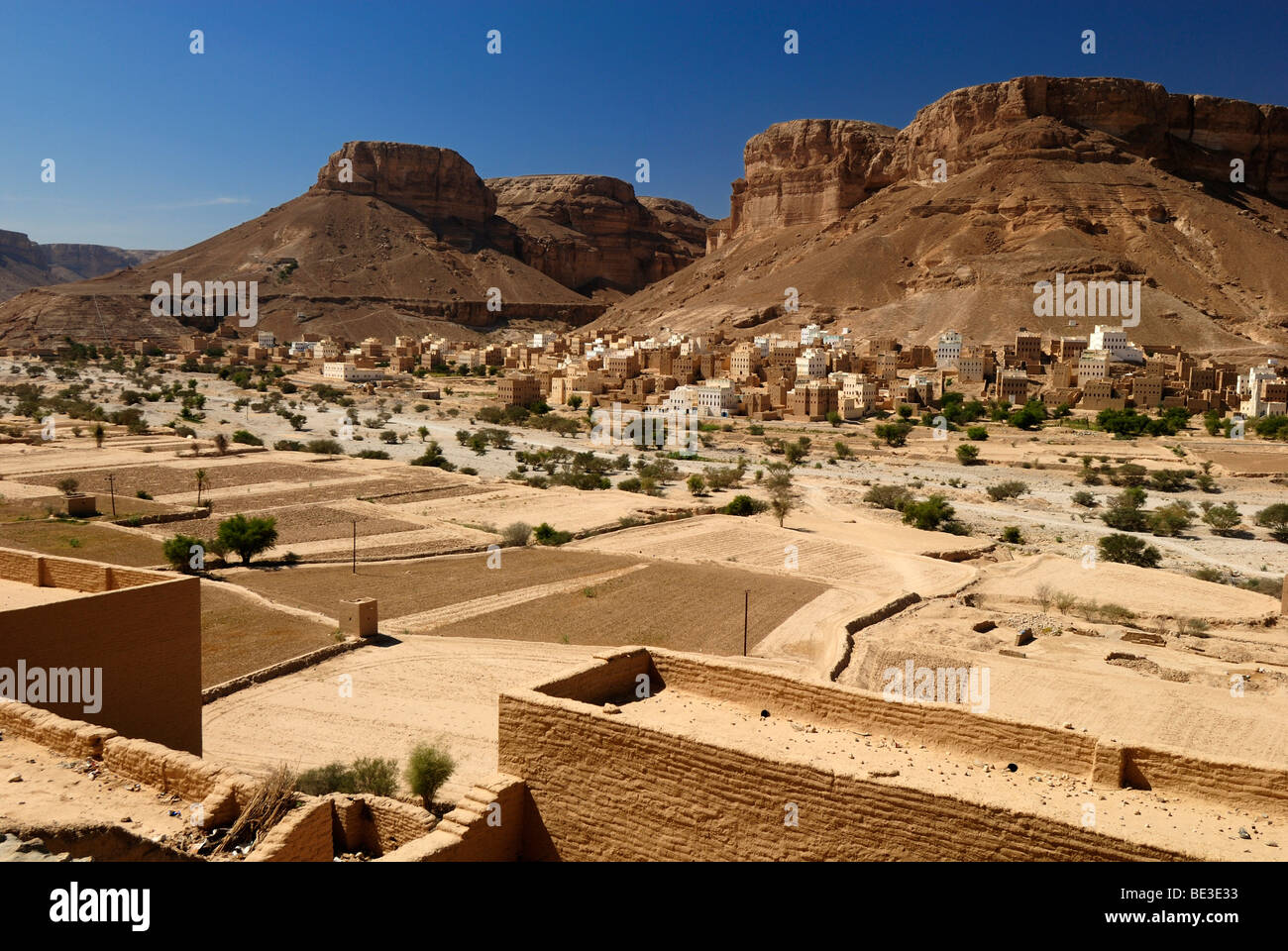 Historic adobe old town of Al Hajjaryn, Wadi Doan, Hadramaut, Yemen, Arabia, Southwest Asia Stock Photo