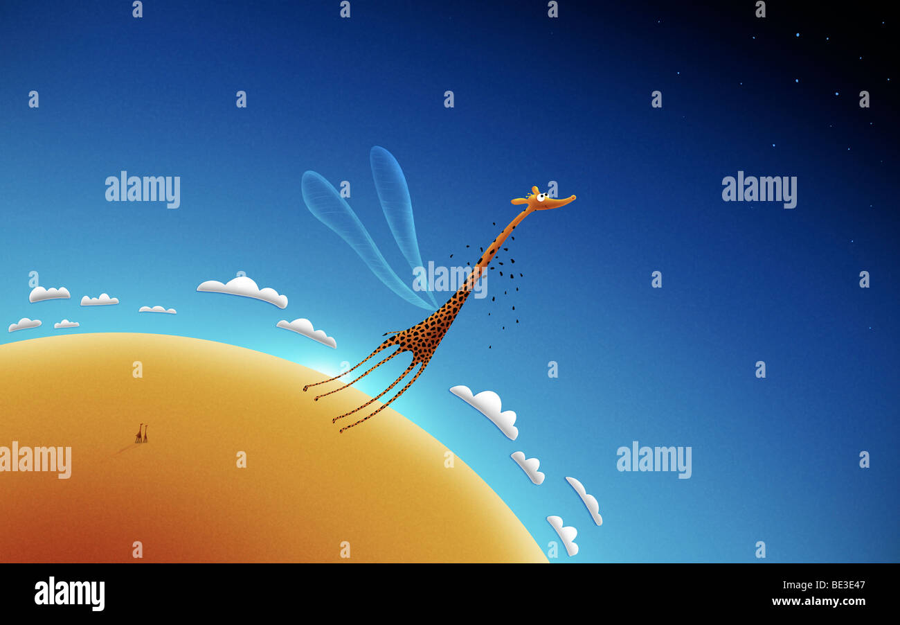 Illustration of a giraffe learning to fly Stock Photo Alamy