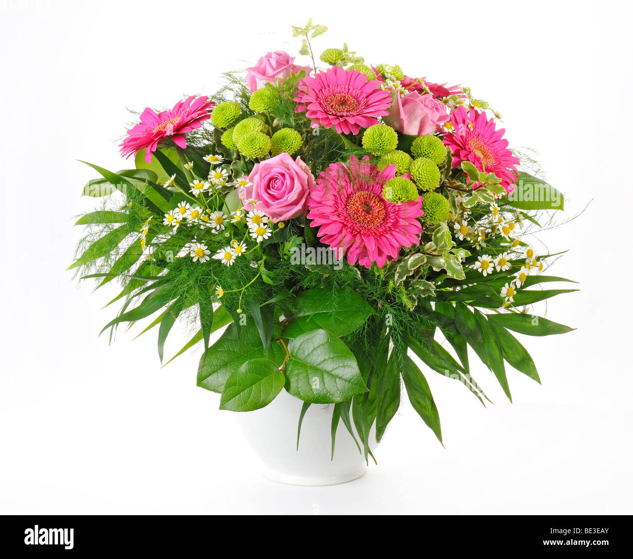 Bouquet with Gerberas (Gerbera), Roses (Rosa), and Oxeye Daisies (Leucanthemum vulgare) Stock Photo