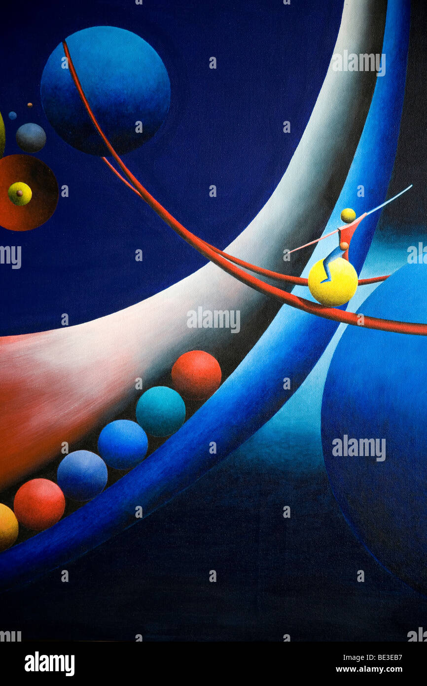 Tightrope walker between planets, acrylic picture, by the artist Gerhard Kraus, Kriftel, Germany Stock Photo