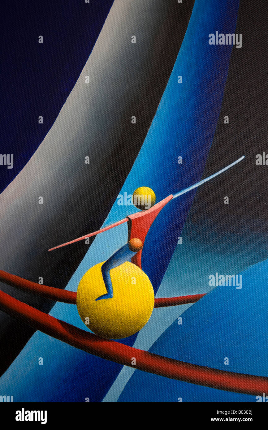 Tightrope walker between planets, acrylic picture, by the artist Gerhard Kraus, Kriftel, Germany Stock Photo