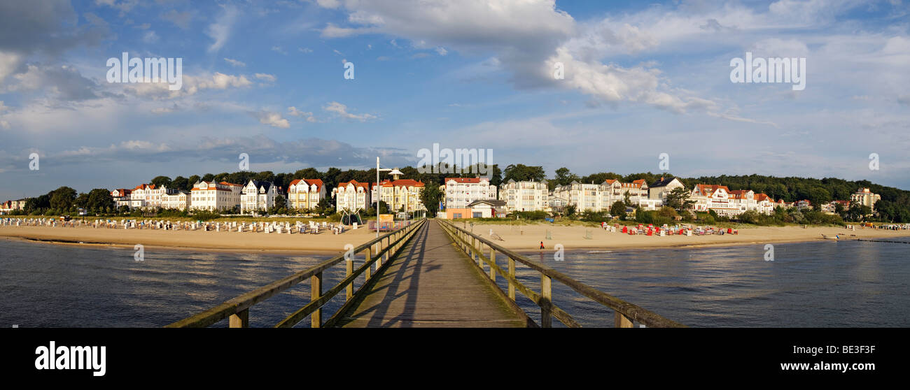 View from the pier of the Bansin seaside resort, panoramic view put together from 3 separate pictures, Usedom Island, Mecklenbu Stock Photo