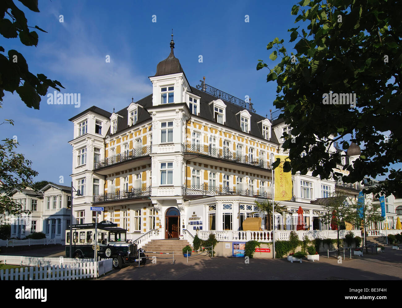 Ahlbecker Hof Hotel, spa-style architecture, at dusk, Ahlbeck seaside resort, Usedom Island, Mecklenburg-Western Pomerania, Ger Stock Photo