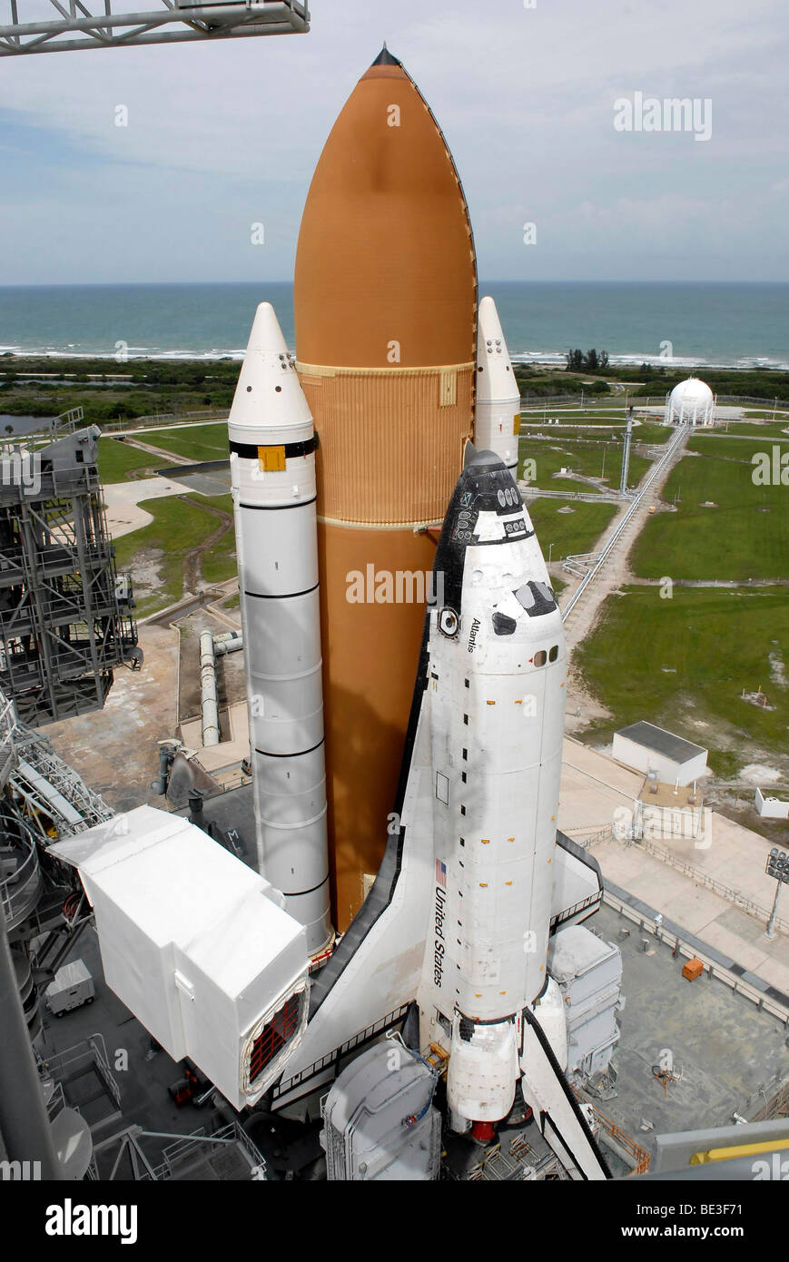 Space shuttle Atlantis sits on the top of Launch Pad 39A at Kennedy Space Center. Stock Photo