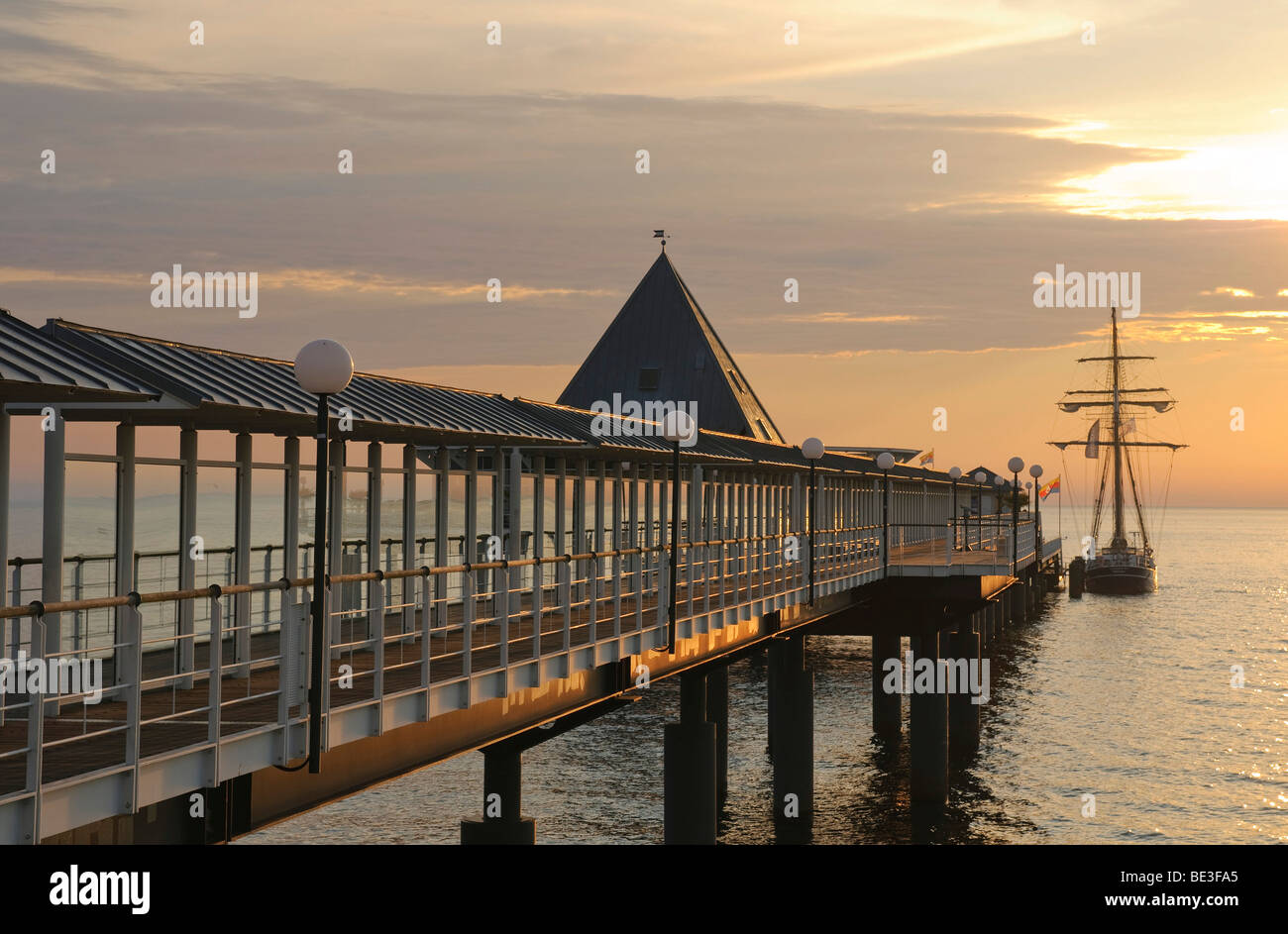 Pier in the Heringsdorf seaside resort, at sunrise, Usedom Island, Mecklenburg-Western Pomerania, Germany, Europe Stock Photo