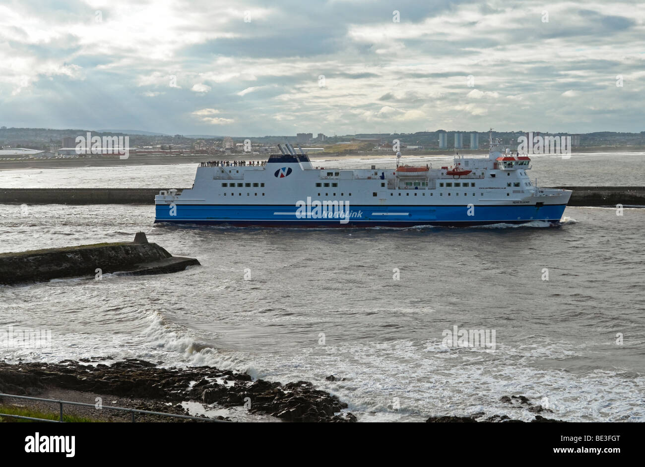 The Northlink ferry Hjaltland leaves Aberdeen Harbour in Scotland bound for Kirkwall on Orkney and Lerwick in Shetland Stock Photo
