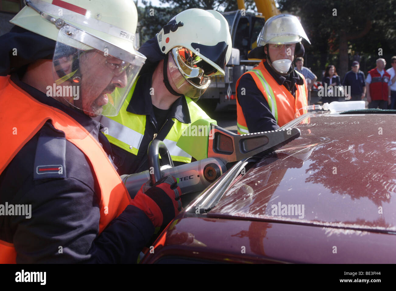 Practice for helpers of the German Red Cross, police, towing service and emergency counselling after a traffic accident, at the Stock Photo