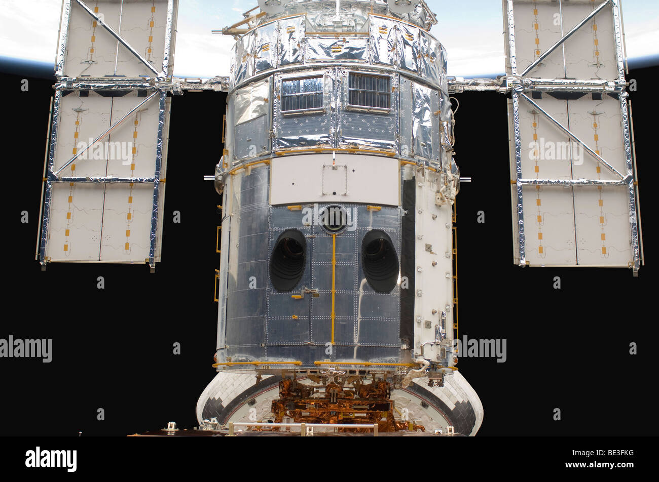 A portion of the Hubble Space Telescope locked down in the cargo bay of Space Shuttle Atlantis. Stock Photo