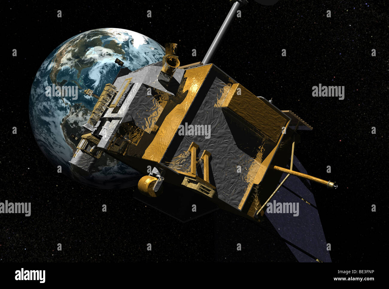 Artist Concept of the Lunar Reconnaissance Orbiter with an image of Earth in the background. Stock Photo