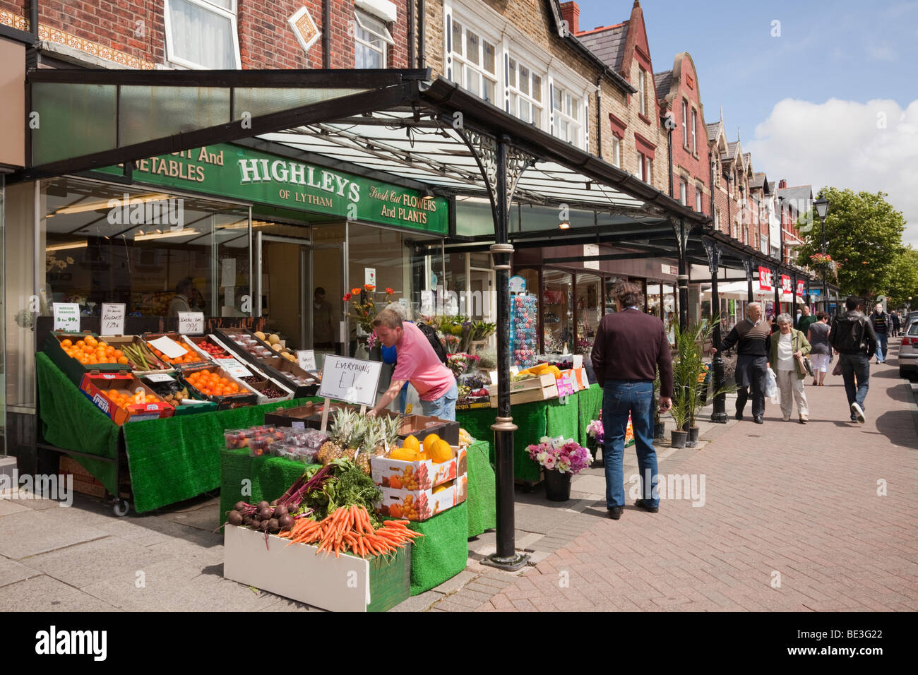 Lytham St Annes, Lancashire, England, UK. Small shops with green grocers selling fruit and vegetable on display outside Stock Photo