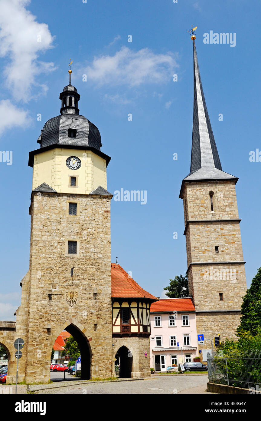 Historic city gate next to Riedturm Tower and the tower of St Jakobus pilgrimage church, Riedplatz Square, Arnstadt, Thuringia, Stock Photo