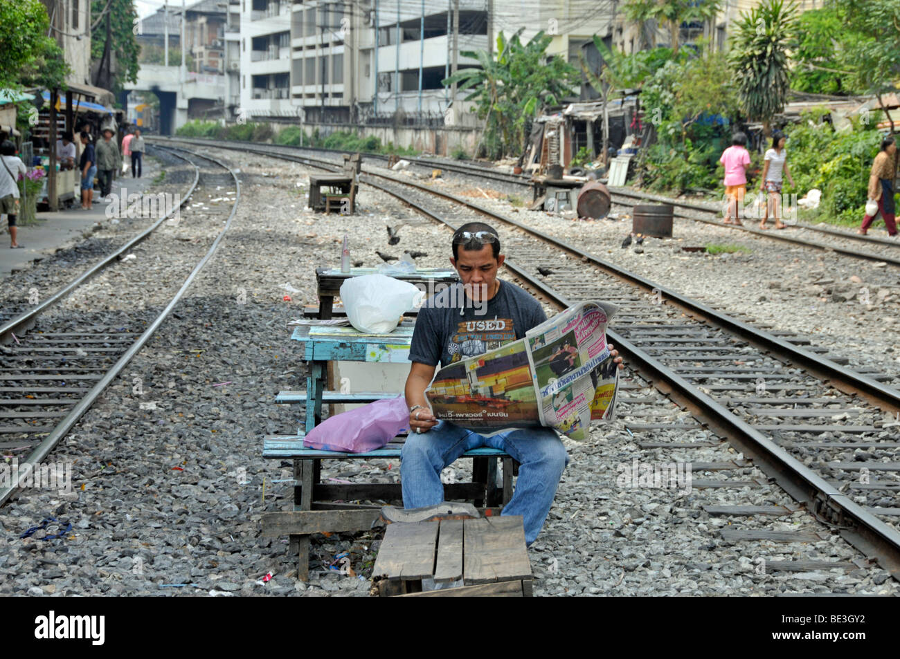 Slums along the railway tracks, Bangkok, Thailand, Asia Stock Photo