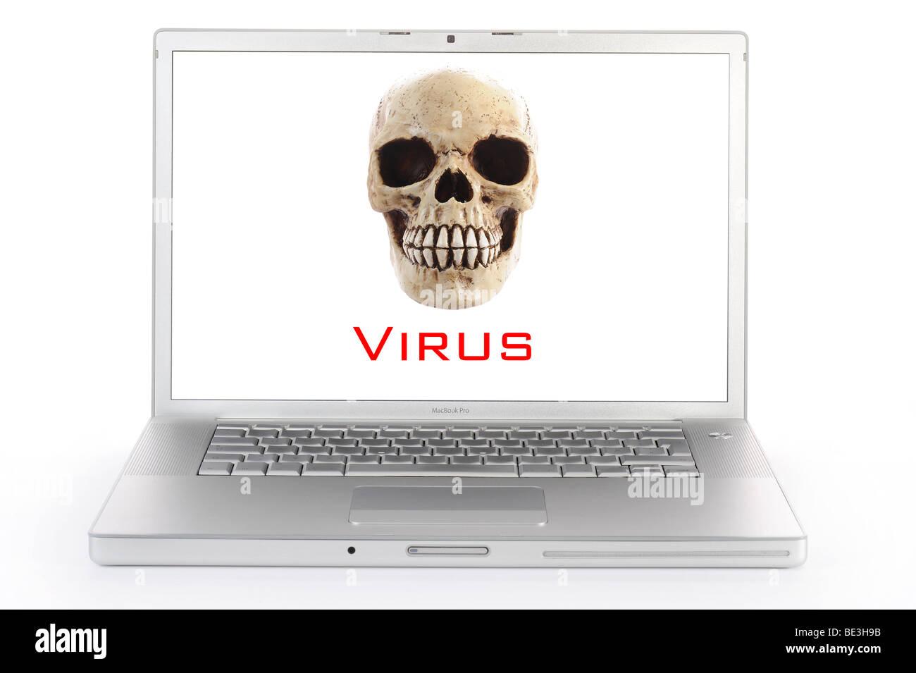 Skull on a computer screen, symbolic image for a virus Alert Stock Photo