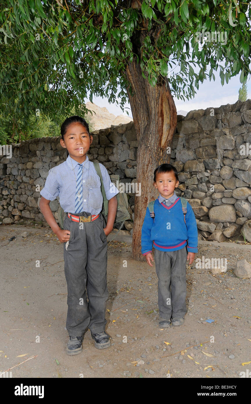 Ladakhi schoolchildren on the way home, Leh, Ladakh, India, Himalayas, Asia Stock Photo