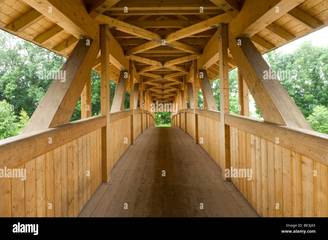 Wooden bridge over Loisach River in Garmisch-Partenkirchen, Bavaria, Germany, Europe Stock Photo