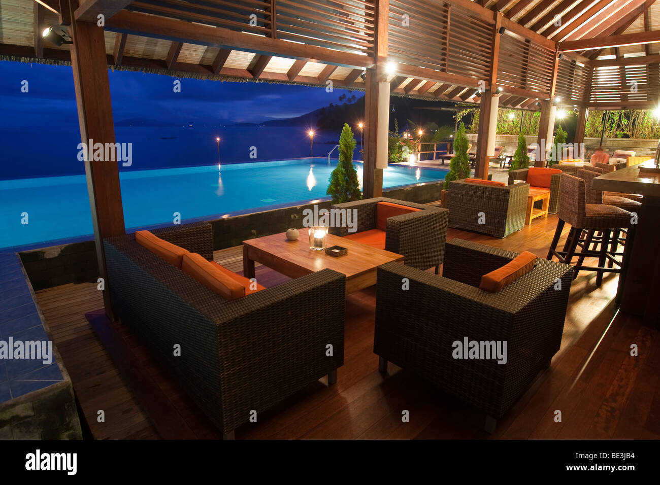 Hotel Minahasa Lagoon, swimming pool and bar with modern garden furniture, Sulawesi, Indonesia, Southeast Asia Stock Photo