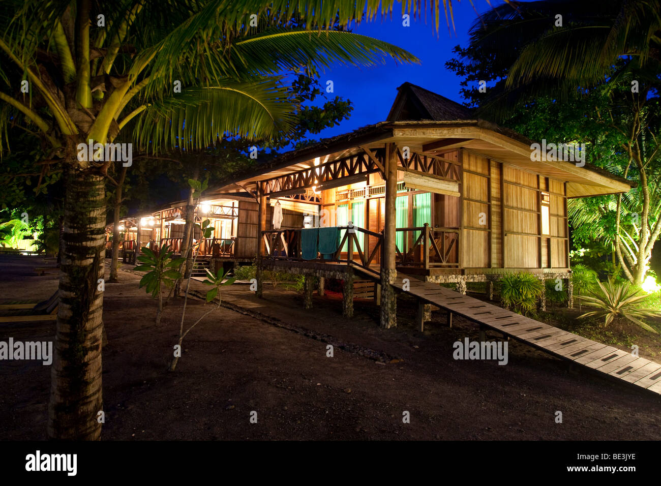 Hotel Minahasa Lagoon beach bungalow, Sulawesi, Indonesia, Southeast Asia Stock Photo