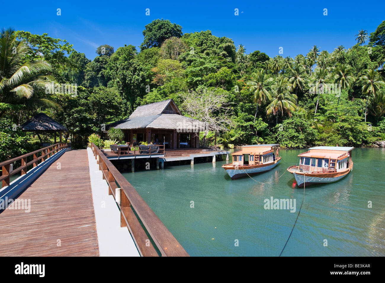 Hotel Minahasa Lagoon, pier, Sulawesi, Indonesia, Southeast Asia Stock Photo