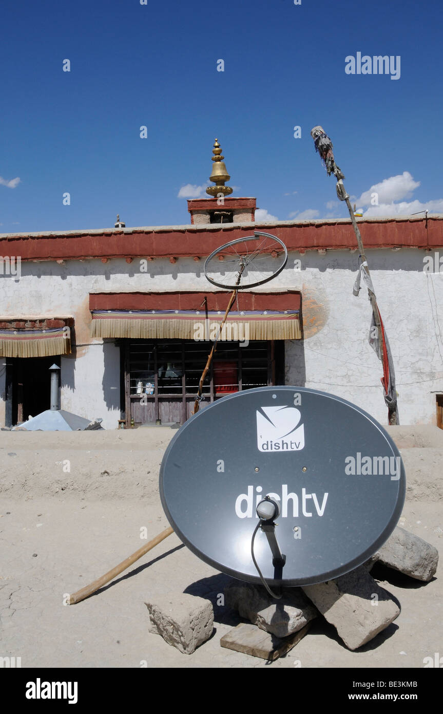 Shey monastery with satellite antenna and a bike wheel as a radio antenna, Ladakh, India, Himalayas, Asia Stock Photo