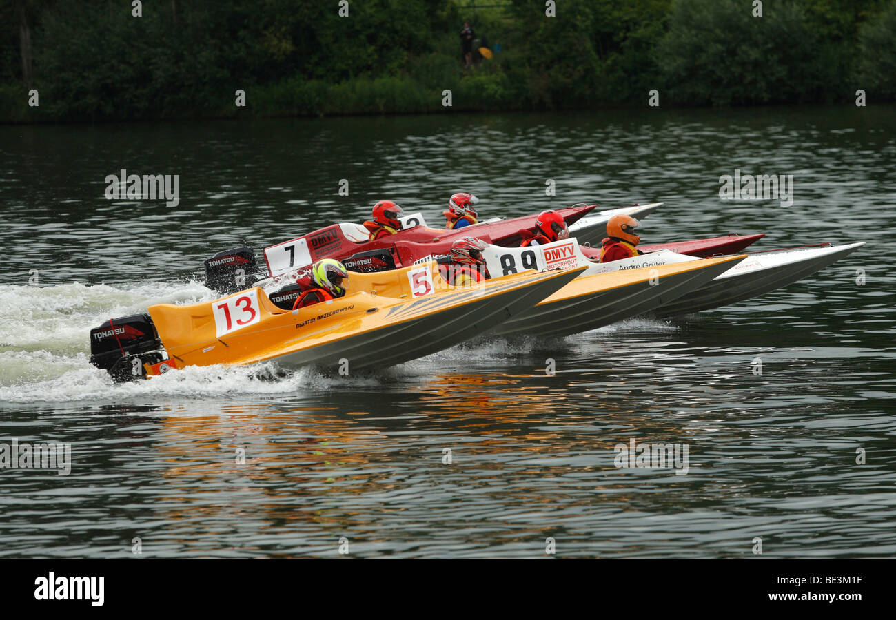 Speedboats launching in Brodenbach on the Moselle river at the International Motor Race, Brodenbach, Rhineland-Palatinate, Germ Stock Photo