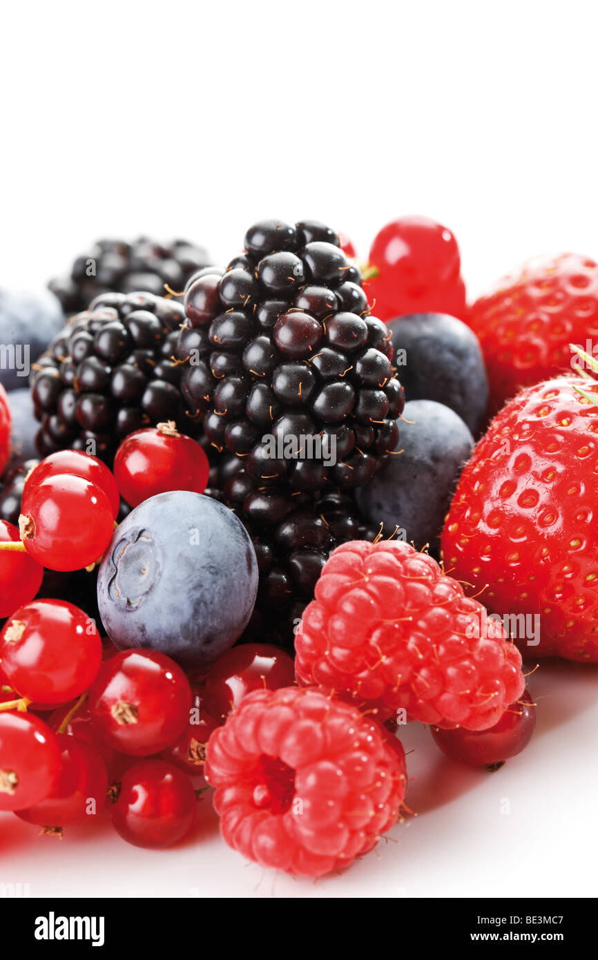 Wild berries, raspberries, blackberries, blueberries, currants, strawberries Stock Photo