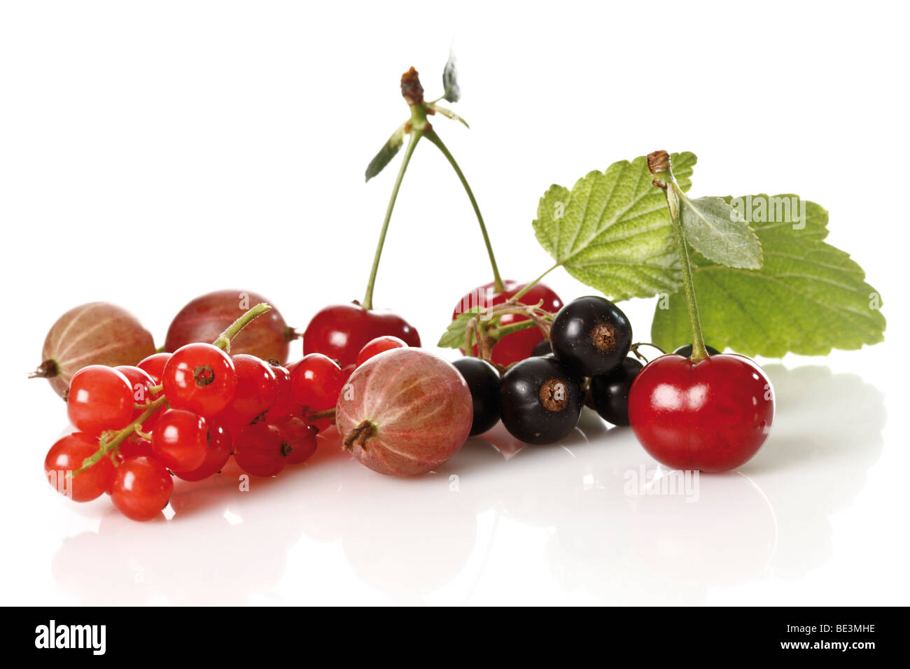 Mixed berries, red currants, gooseberries, black currants, cherry Stock Photo