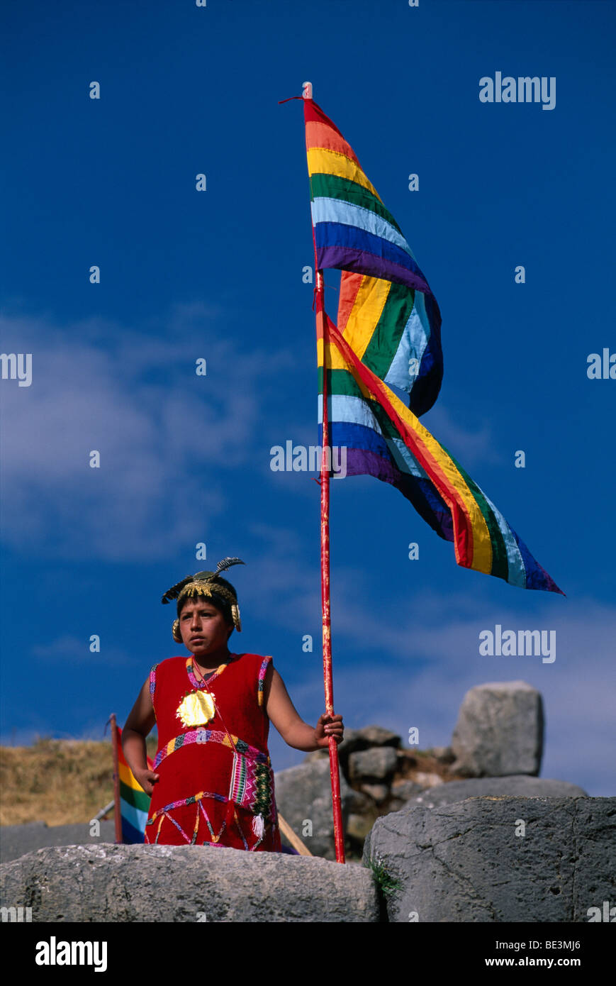 Junger Inka warrior, Festival of Inti Raymi, Cuzco, Peru, South America Stock Photo