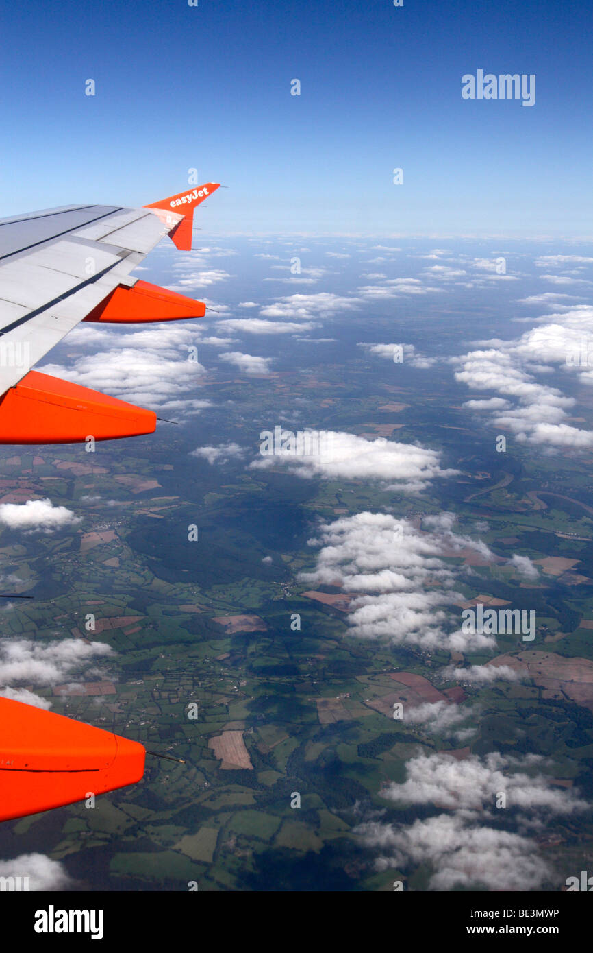 View from easyJet flight looking over wing Stock Photo