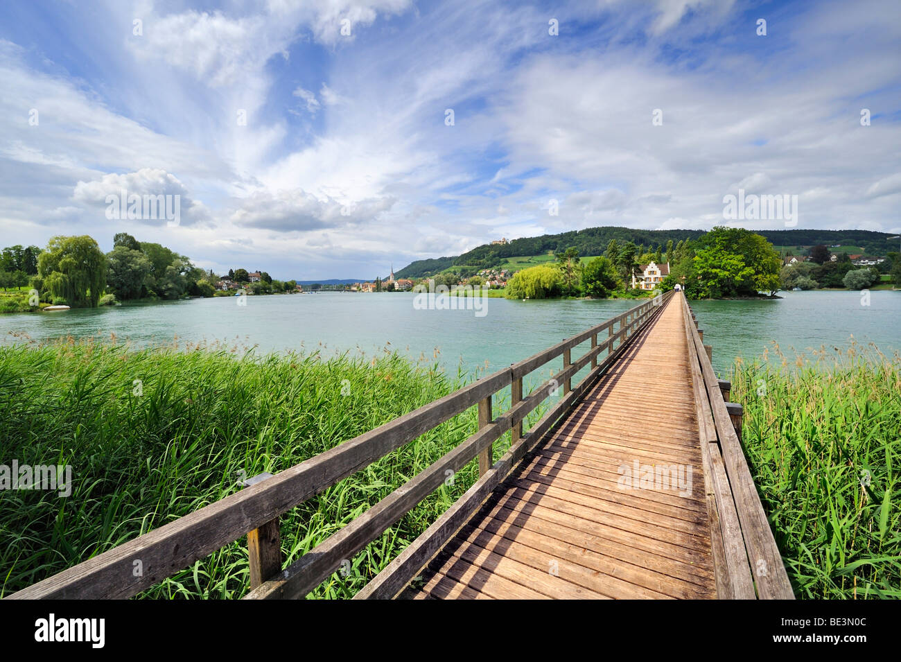 Wooden footbridge crossing Rhine River, leading to the Monastic Island of Werd, Canton of Schaffhausen, Switzerland, Europe Stock Photo
