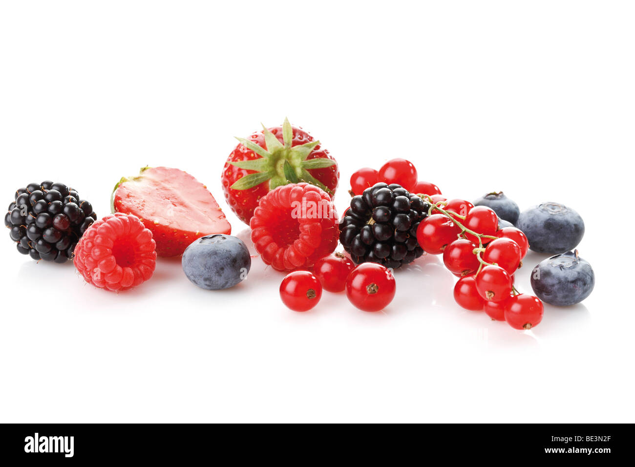 Wild berries, raspberries, blackberries, blueberries, currants, strawberries Stock Photo