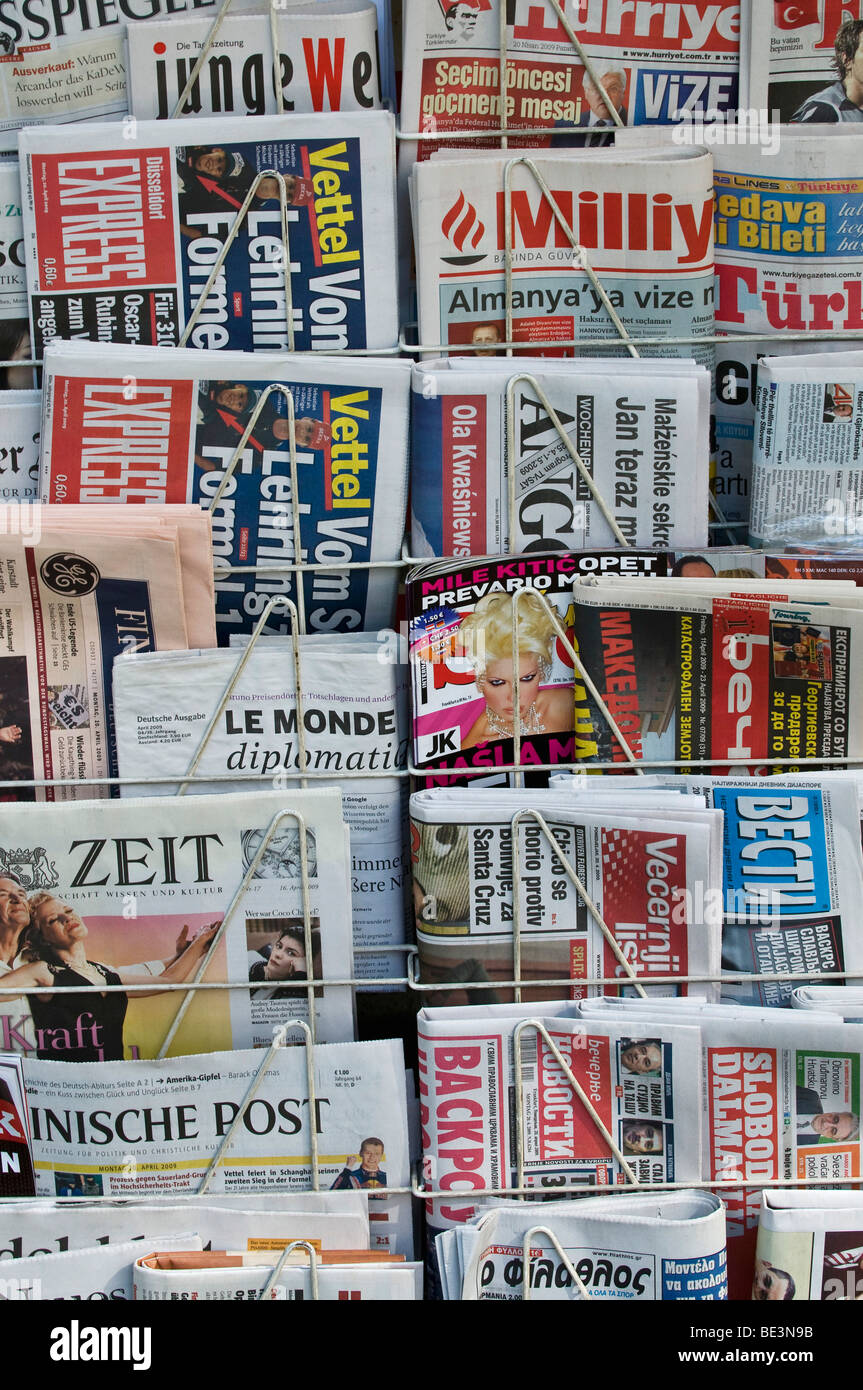 Newspaper stand, German and foreign newspapers Stock Photo