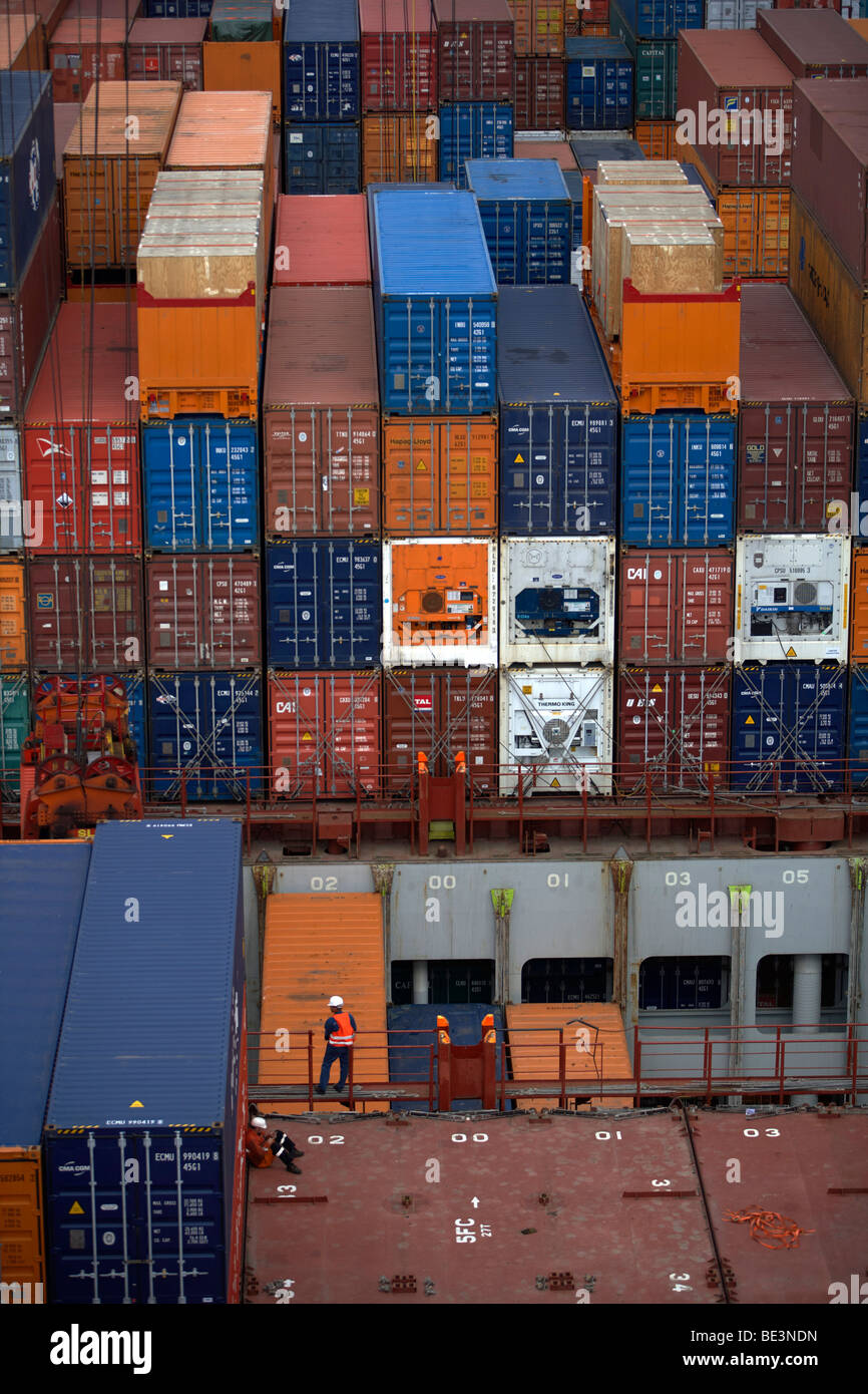 Container ship, deck, container, sailor Stock Photo Alamy