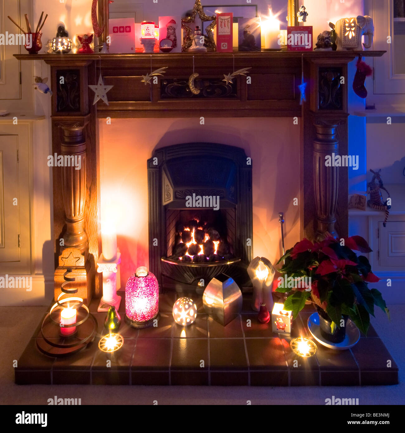 A fireplace at Christmas Time Stock Photo