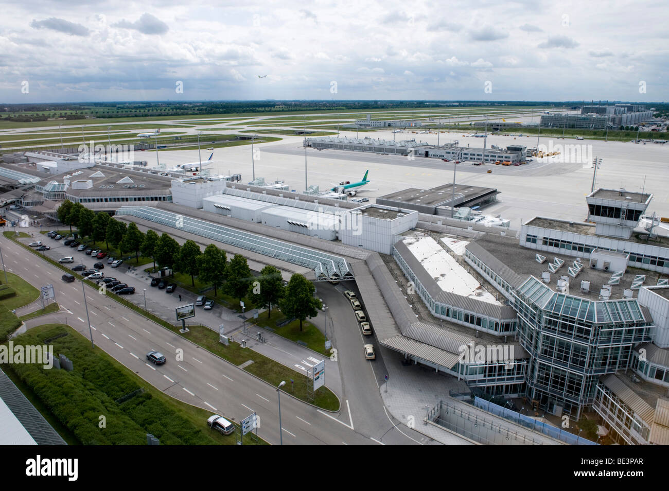 View from the tower on to Terminal 1 of Munich Airport, Bavaria, Germany, Europe Stock Photo