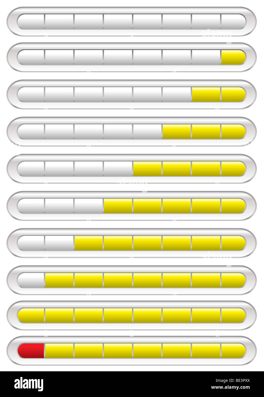 Yellow download bar with various states and red warning icon Stock Photo