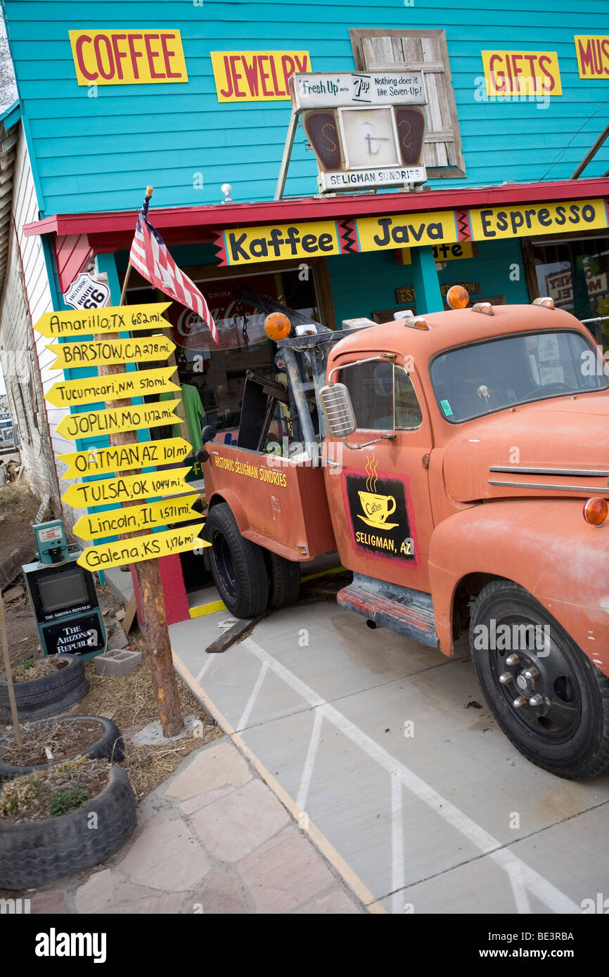 Funky Main Street in Seligman, Arizona along Route 66. Stock Photo