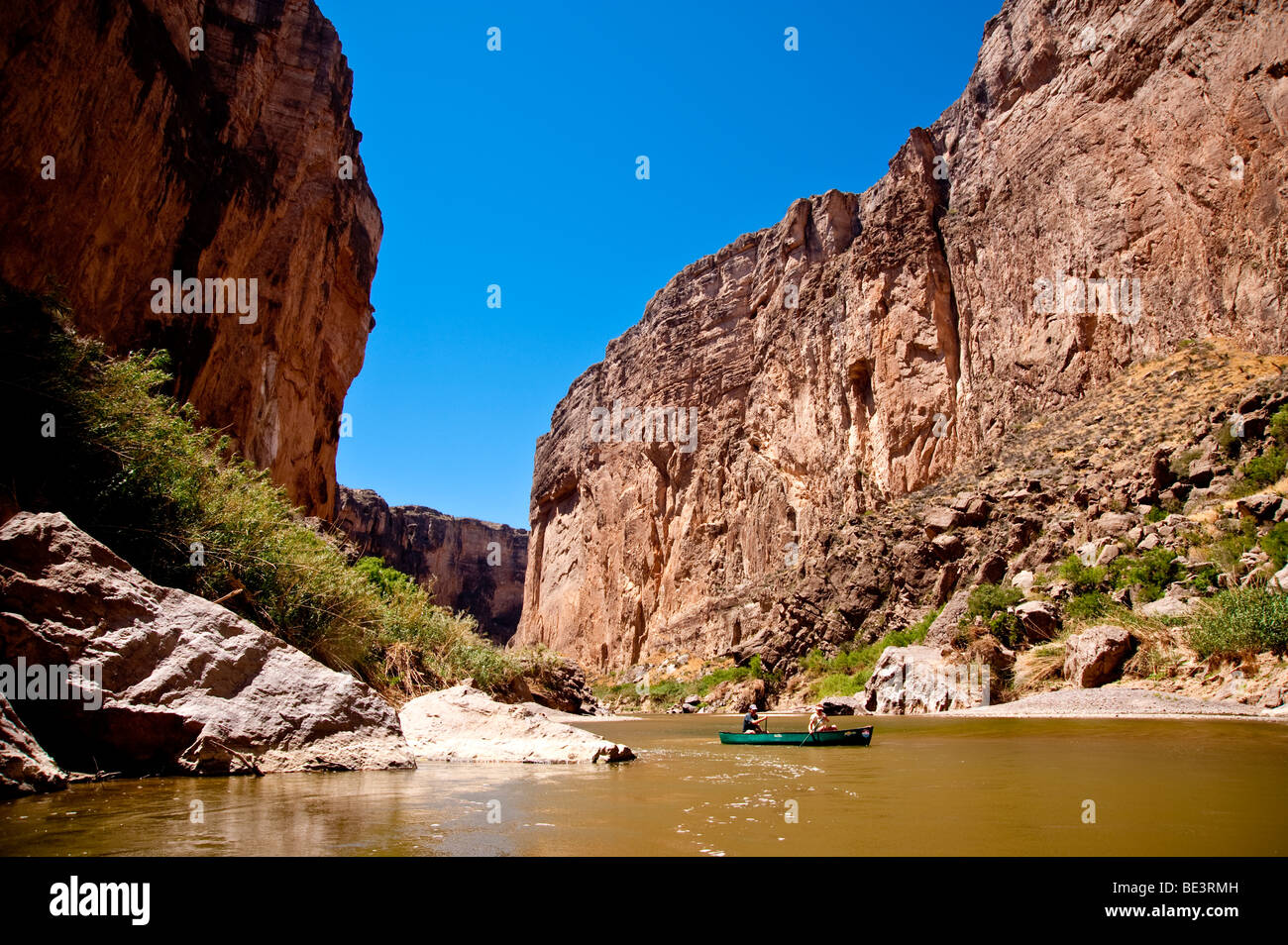 A canoers on an expedition up Santa Elena Canyon in Big Bend National Park,Texas on the Rio Grande. Stock Photo