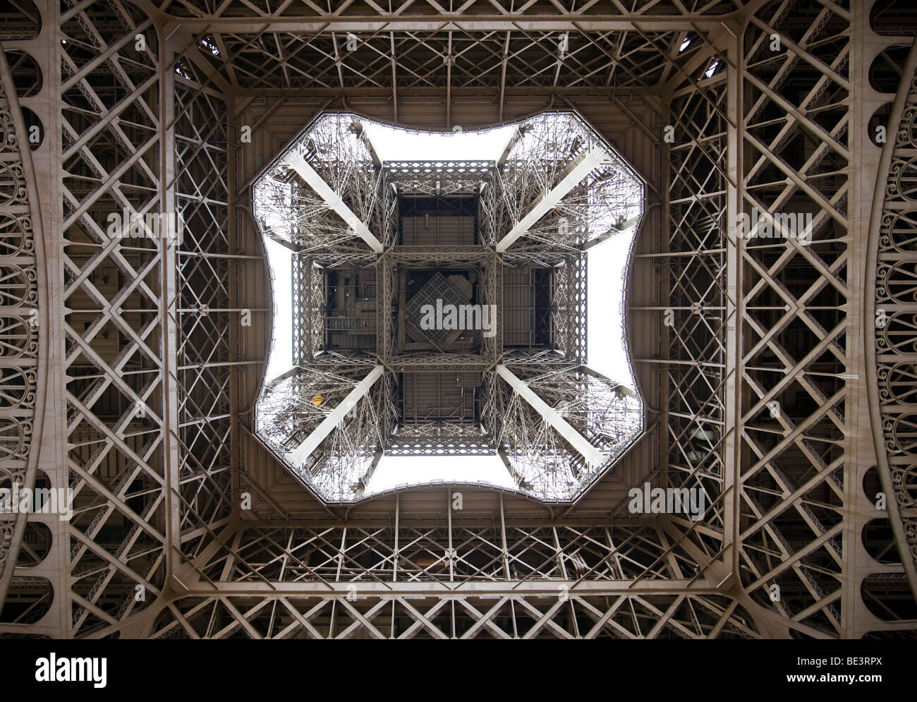 The Eiffel Tower in Paris, capital of France, seen from directly below. Stock Photo