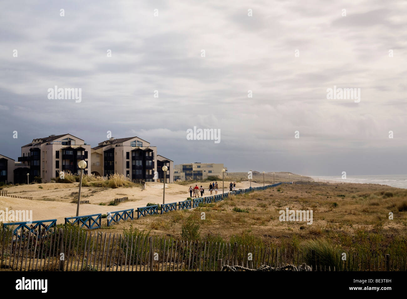 Apartment buildings on the sand dunes near the beach at Lacanau Ocean on the Atlantic south west coast of France Stock Photo
