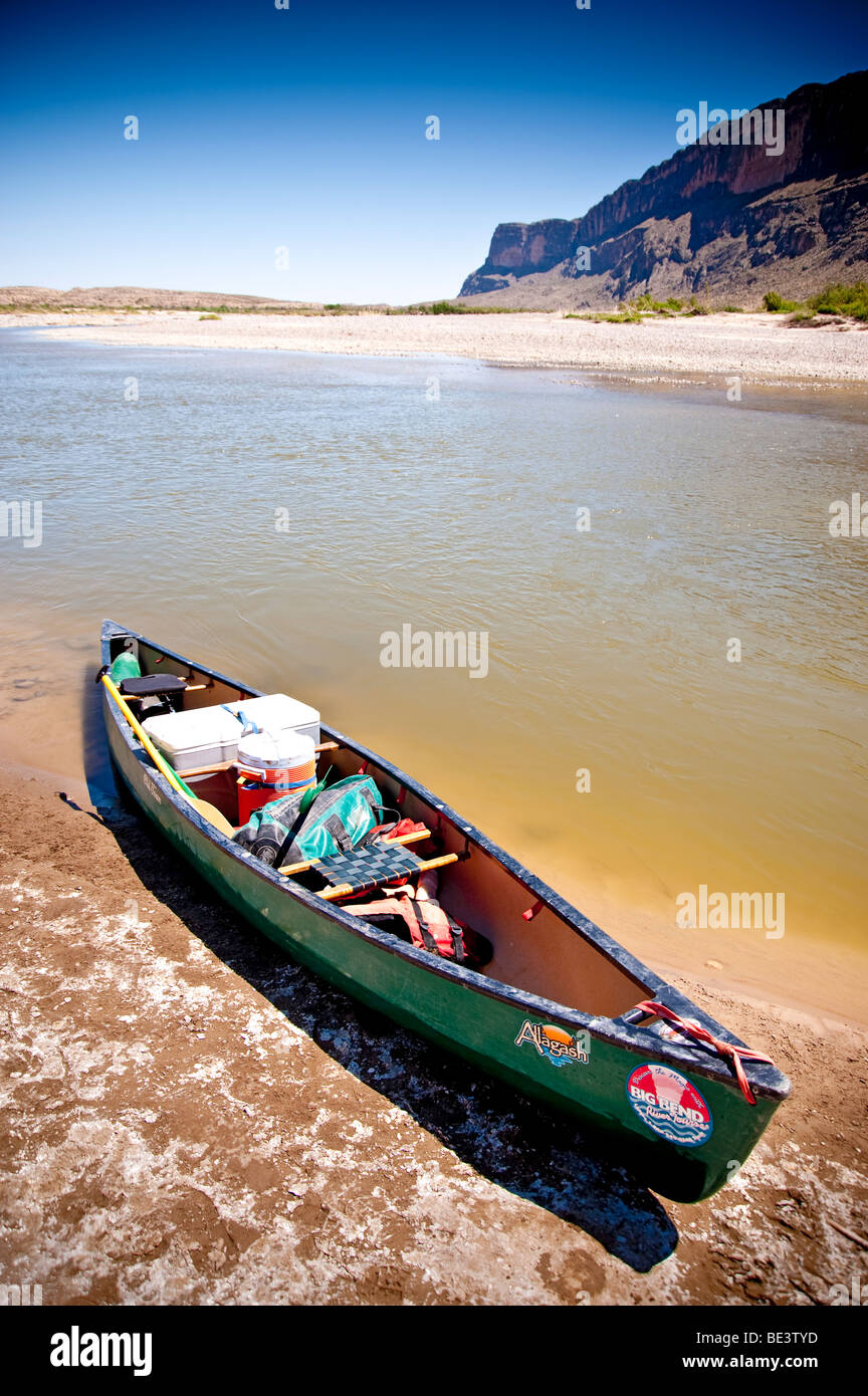 A canoe lies ready for an expedition up Santa Elena Canyon in Big Bend National Park,Texas on