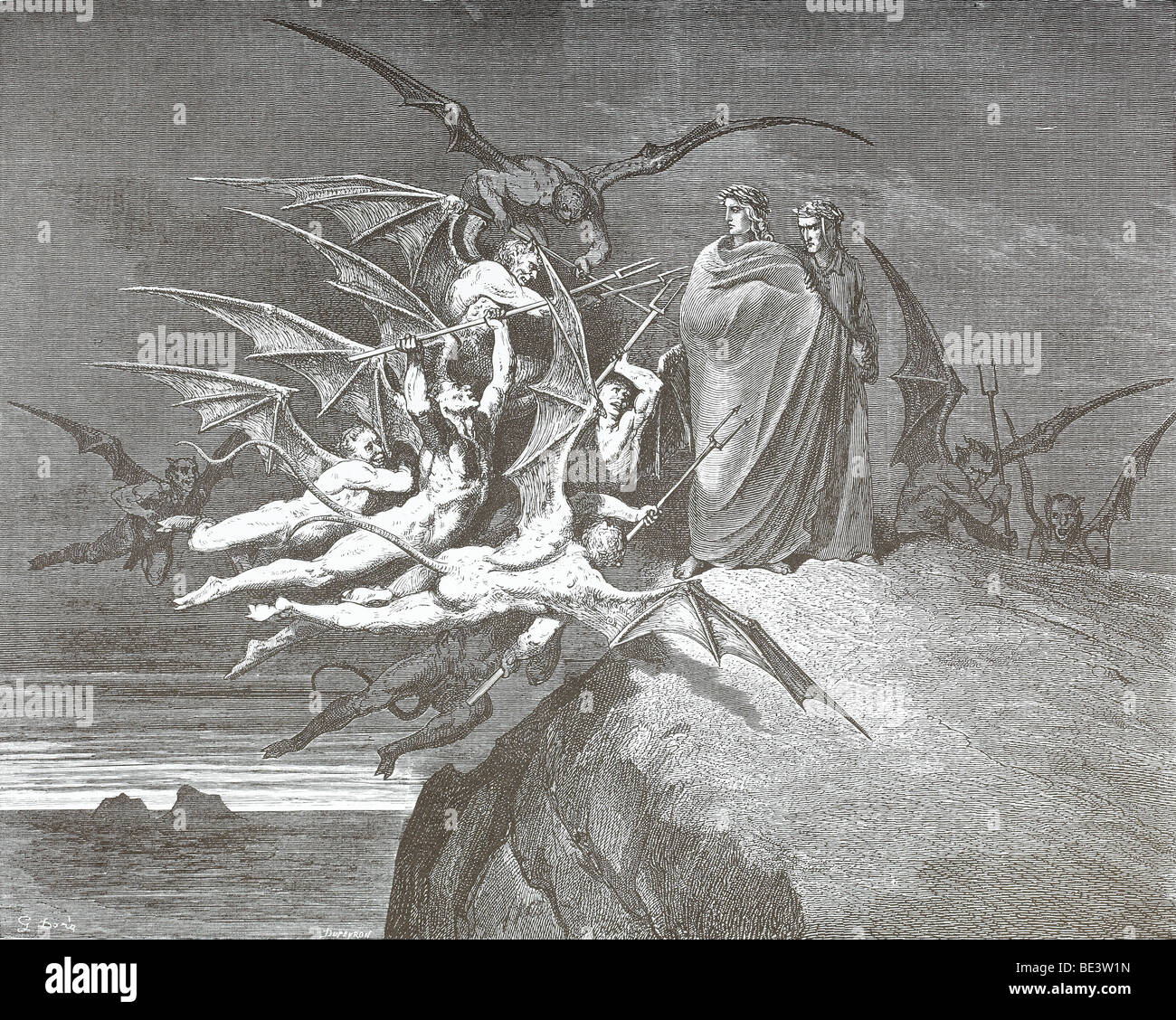 Image of Dante and Virgil in Inferno, crossing the cocytus, 1885 by Dore,  Gustave (1832-83)