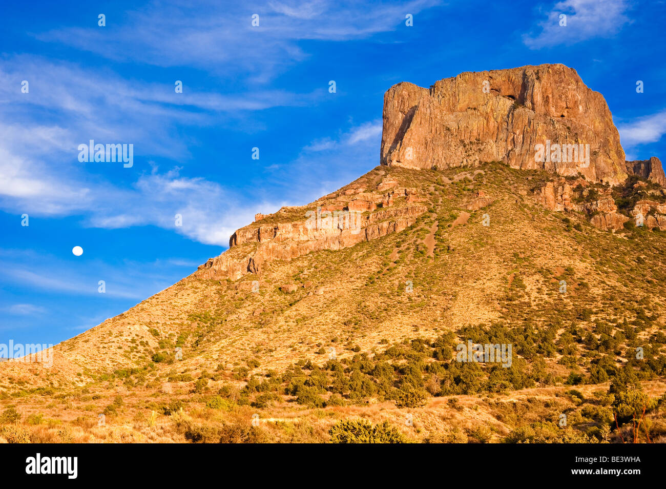 Casa Grande in the Chisos Mountains of Big Bend National Park, Texas at moonrise Stock Photo