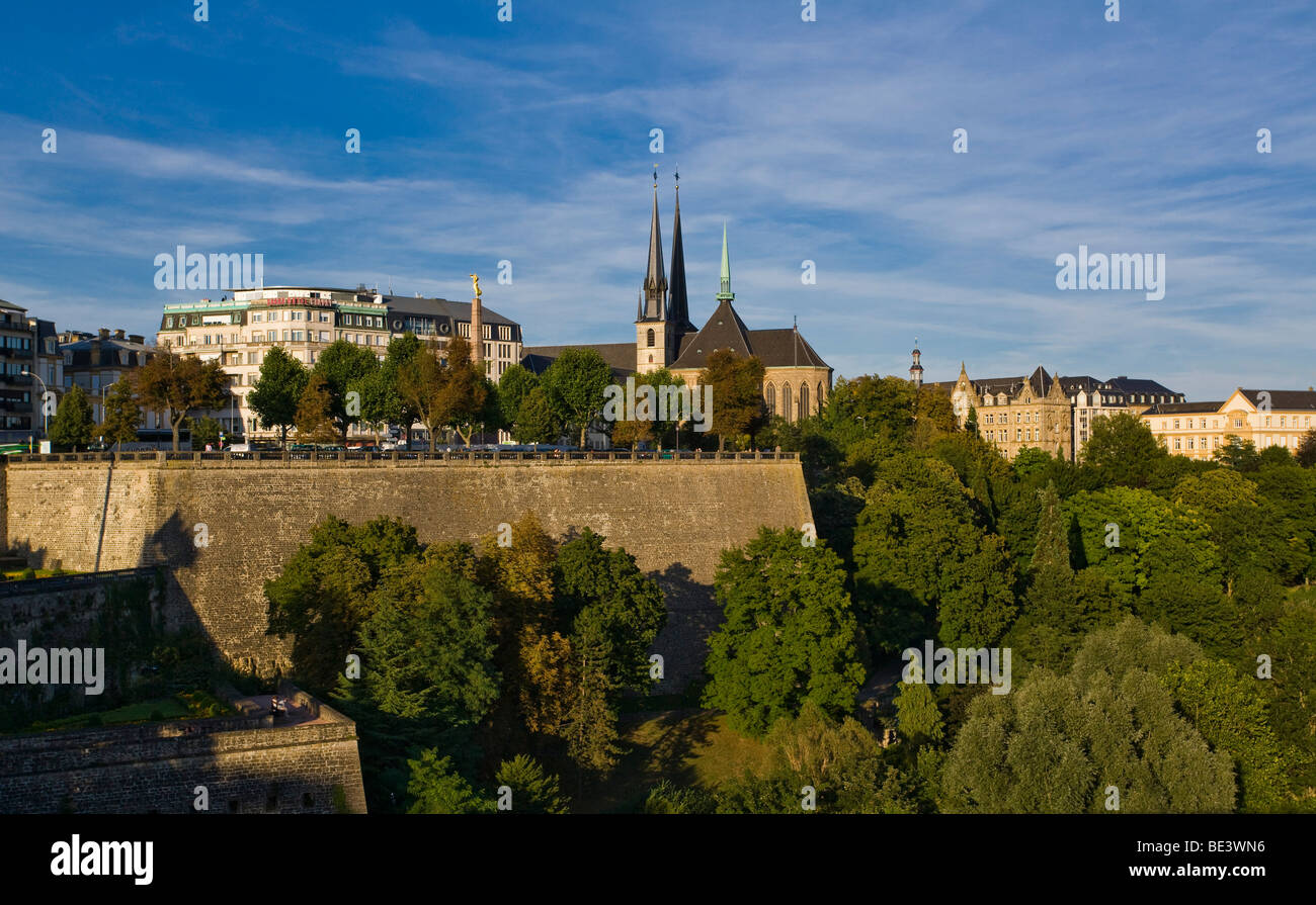 Luxembourg, city center with old fortifications, the Golden Lady Gélle Fra Memorial and the Cathedral to the Blessed Virgin Stock Photo