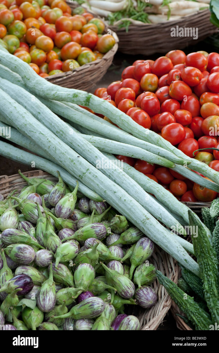 Indian vegetable market with vegetables in baskets Stock Photo Alamy