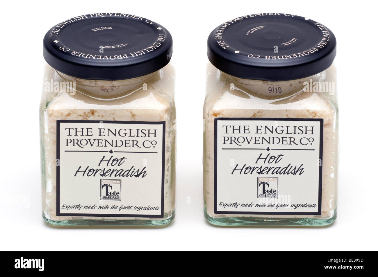 Two screw top jars of The' English Provender 'hot Horseradish sauce Stock Photo
